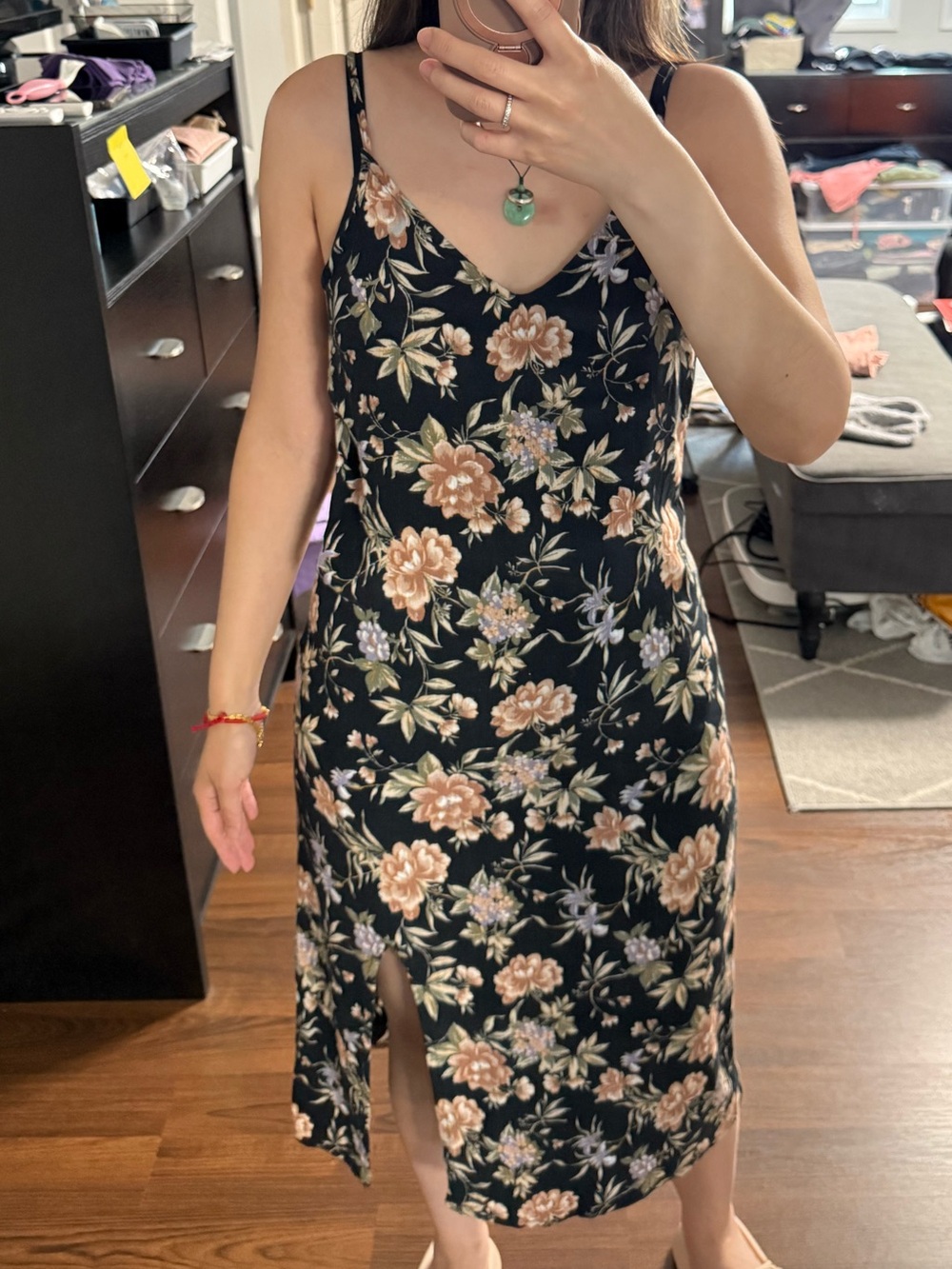 Floral Midi Slip Dress - Black with Blush Floral